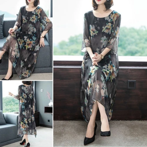 Women Chiffon Print Midi Dress Half Sleeves Casual Loose A-line Retro Ethnic - Picture 7 of 22