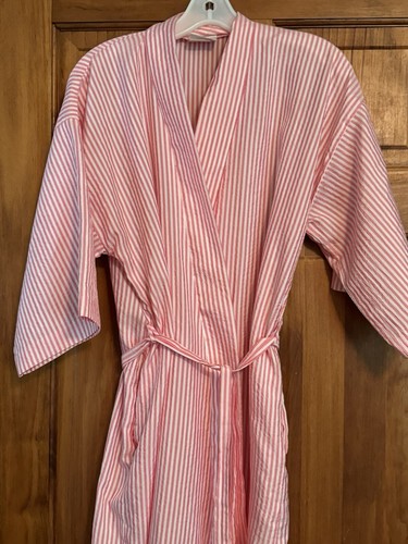 Vintage Jayre of California Kimona Robe MEDIUM Pink White Stripe Pockets Tie - Picture 5 of 5