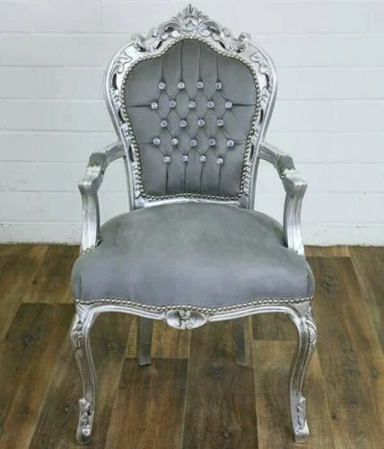 Poltrona barocco in legno di faggio Luigi XVI foglia argento tessuto grigio luxu - Immagine 2 di 3