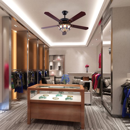 52'' Tiffany Ceiling Fan with 3 Lights +Remote Control, Wooden Ceiling Fans