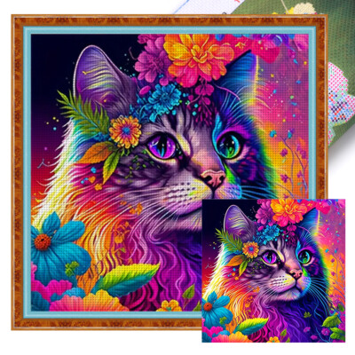Full Embroidery Cotton Thread 11CT Print Colorful Cat Cross Stitch 40x40cm QDE