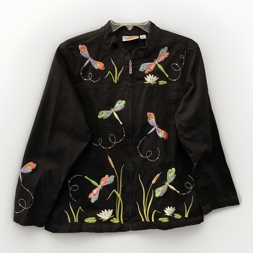 Quacker Factory Womens Jacket Size L Black Dragonfly Embroidered Flower Zip-Up