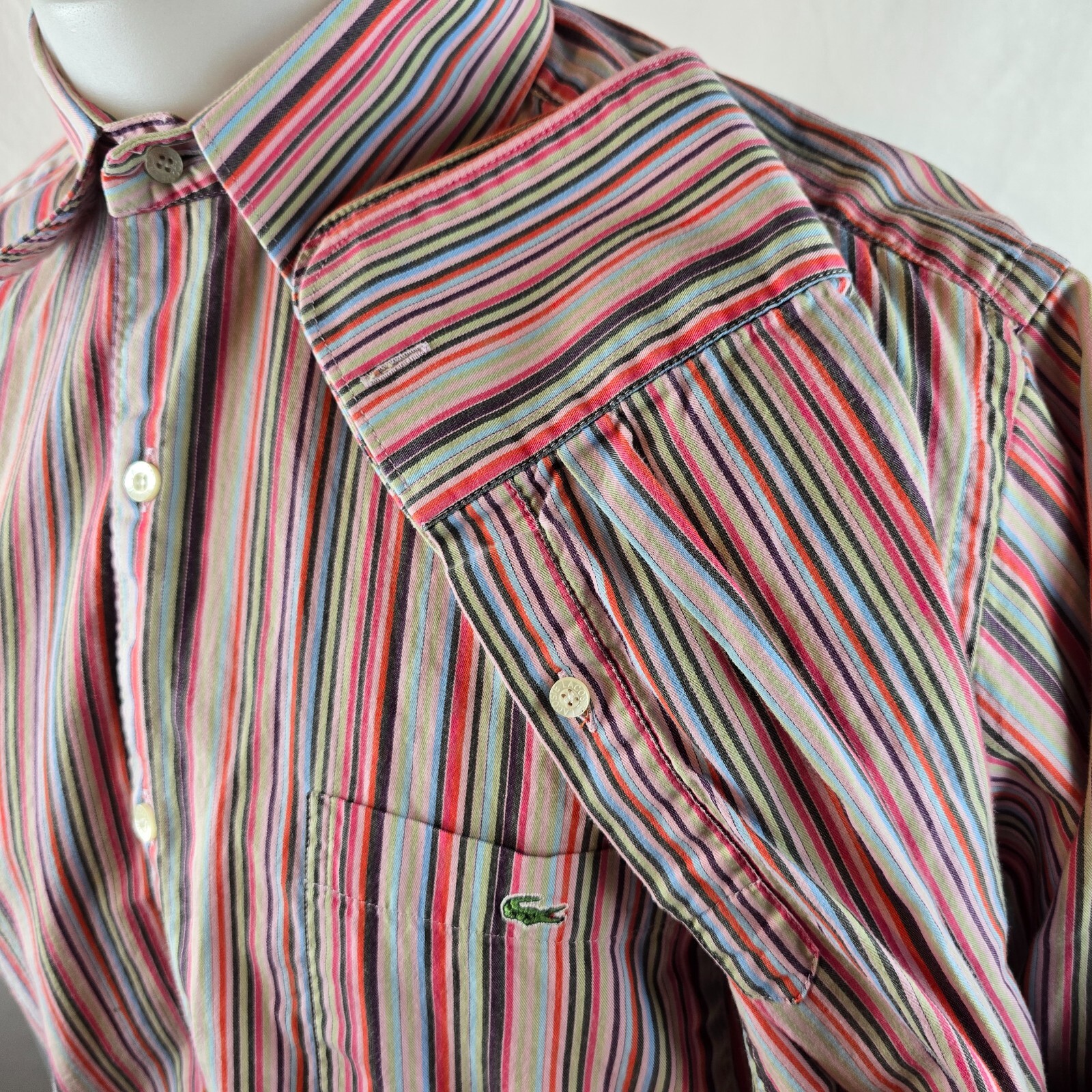 Lacoste Shirt Mens 42 Large Pink Button Up Button Up Dress Striped Alligator thumbnail 5