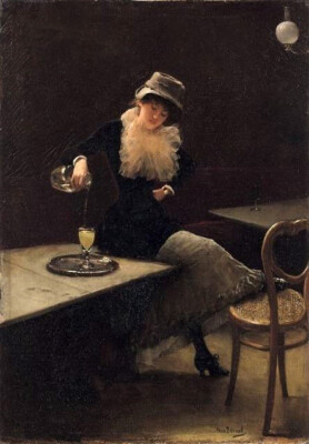 Oil painting young lady woman self-drinking Absinthe-Jean-Georges-Béraud canvas