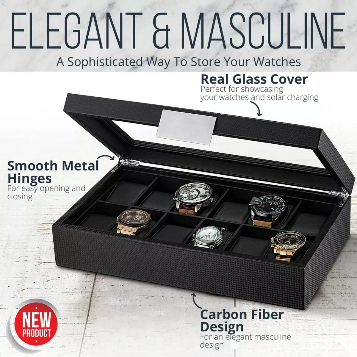 Luxury Watch Box for Men 12 Slot Carbon Fiber Display Case Large
