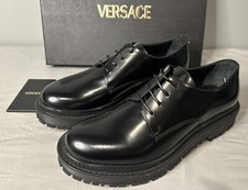 Versace Laced Up Black Leather Derby Dress Shoe Men Size 41 (US 8) Authentic