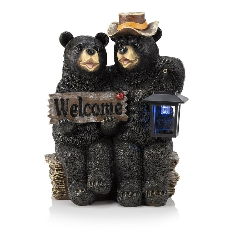 Bear Couple with Lantern and Welcome Sign Statue LED Front Porch