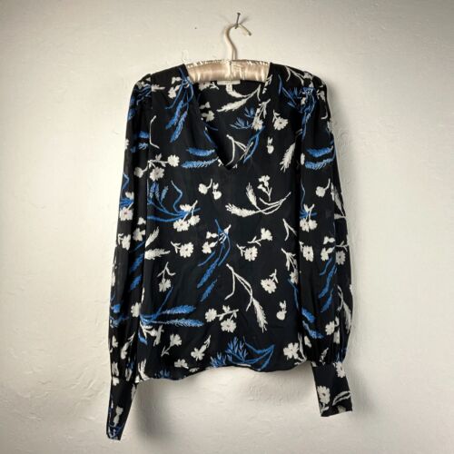 Joie Womens 100% Silk Floral Popover Blouse Medium Black/Blue Long Sleeve V-Neck - Picture 1 of 8