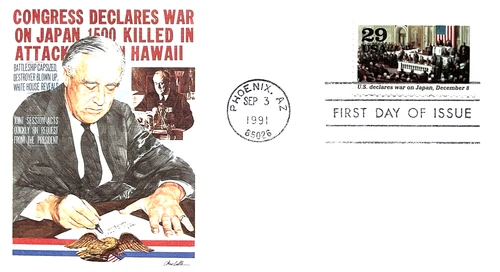 WW2 FDR CONGRESS DECLARES WAR ON JAPAN 1991 50TH ANNIV FLEETWOOD FDC VF UNADDR