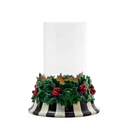 Mackenzie Childs festliche Stechpalme Stumpenkerzenhalter 7,5" hoch 6" Durchmesser