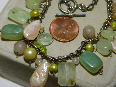 Sterling Silber Jade Grüner Quarz Stein Perlen Charms 17'' Kette Halskette 1e 3