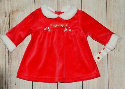 NWT LITTLE WONDERS GIRLS 3-6M HOLIDAY CHRISTMAS VELOUR RED FUR BOW DRESS