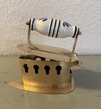 ANTIQUE Brass Coal-Charcoal Iron White/Blue Dutch Porcelain Handle c 1800’s