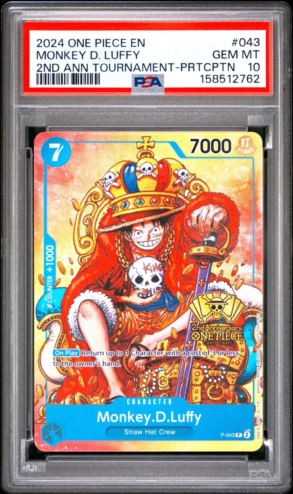 One Piece Monkey D Luffy 2nd Anniversary Tournament Promo P-043 PSA 10 Gem Mint