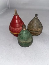 Set of 3 Wood Spinning Tops with Metal Tips Vintage Wooden (3)