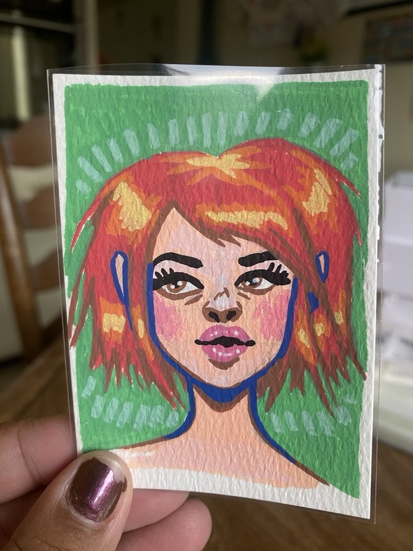 ACEO Art Card Original Acrylic Marker Red Haired Girl by B Ventura