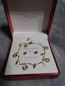 Authentic Stella Rose London Fine Gold Plated Religious Rosary Bracelet Earring Set - NIB