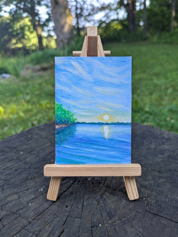 ACEO Original Gouache Painting Lake Sunrise OOAK 3.5 in x 2.5 in