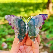 3.6" Natural fluorite carved butterfly quartz crystal statue reiki heal gift 1pc