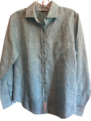 Audrey Talbott Carmel Linen Cotton Blouse Shirt Aqua Light Blue Tunic Womens 6