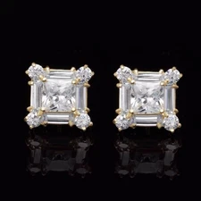 14K Gold Princess-Cut Cluster Square Stud Earrings with 1.75CTW Gem Accents