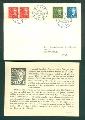 Sweden. 1949 FDC.  August Strindberg. # 405+406+407/2. Adr: Bjorneborg