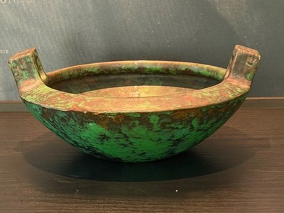 Weller Pottery Coppertone handled bowl green brown mottled glaze vintage Ohio