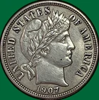 1907-D Barber Dime Almost Uncirculated AU Coin, Cleaned #39345