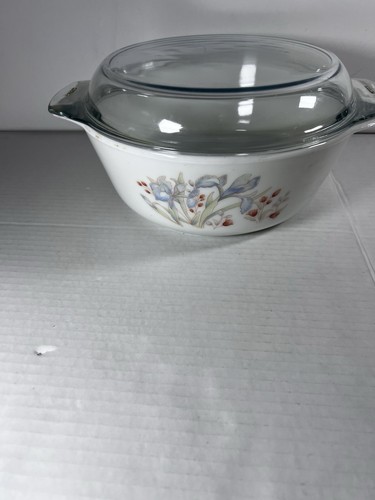 Vintage Pyrex Blue Iris Runde Milchglas Auflaufform England - Bild 1 von 13