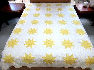 Vintage Machine Pieced Hand Quilted 2 Color Yellow & White Cotton STARS Quilt