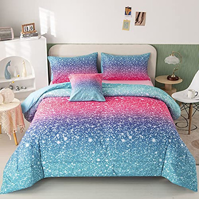 6Pcs Gradient Glitter Bedding Set for Girls Twin Size, Colorful