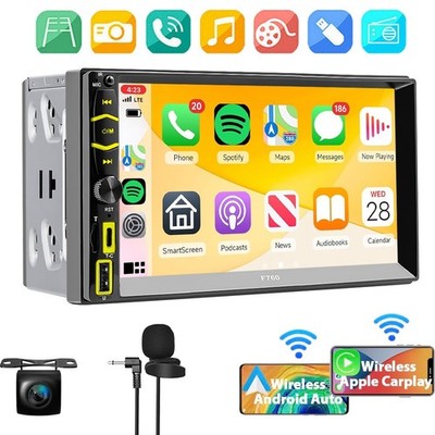 7'' Double 2Din Car Stereo Radio BT Wireless Apple Carplay GPS Navi AM FM + CAM