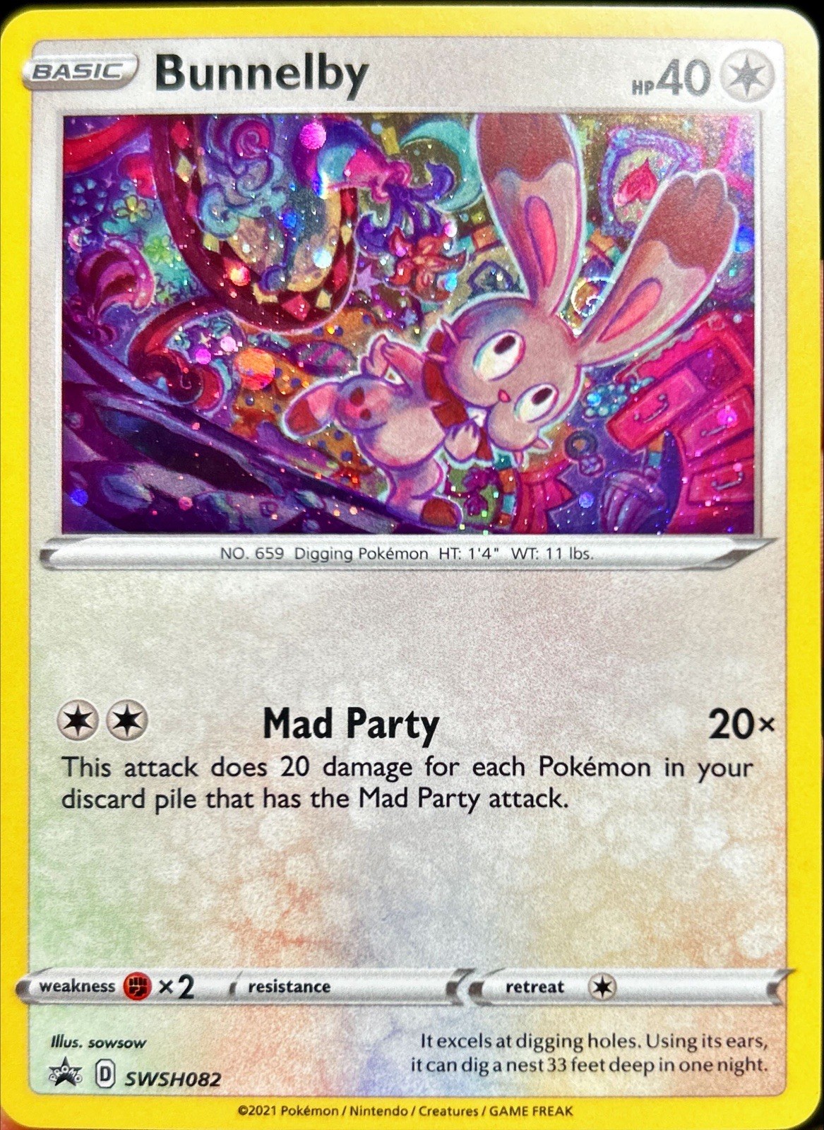 Bunnelby SWSH082 Black Star Promo Cosmos Holo Pokemon Card HD Swirl 🌀🐰