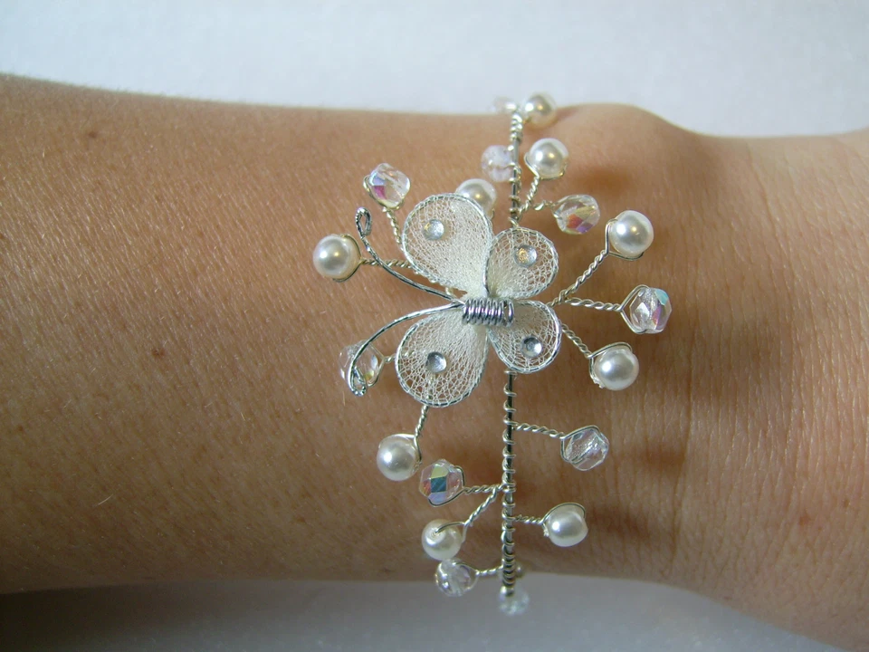 Bracelet Papillon Original Perles Blanc/Cristal p robe de Mariée/Mariage/Soirée - Photo 1/1