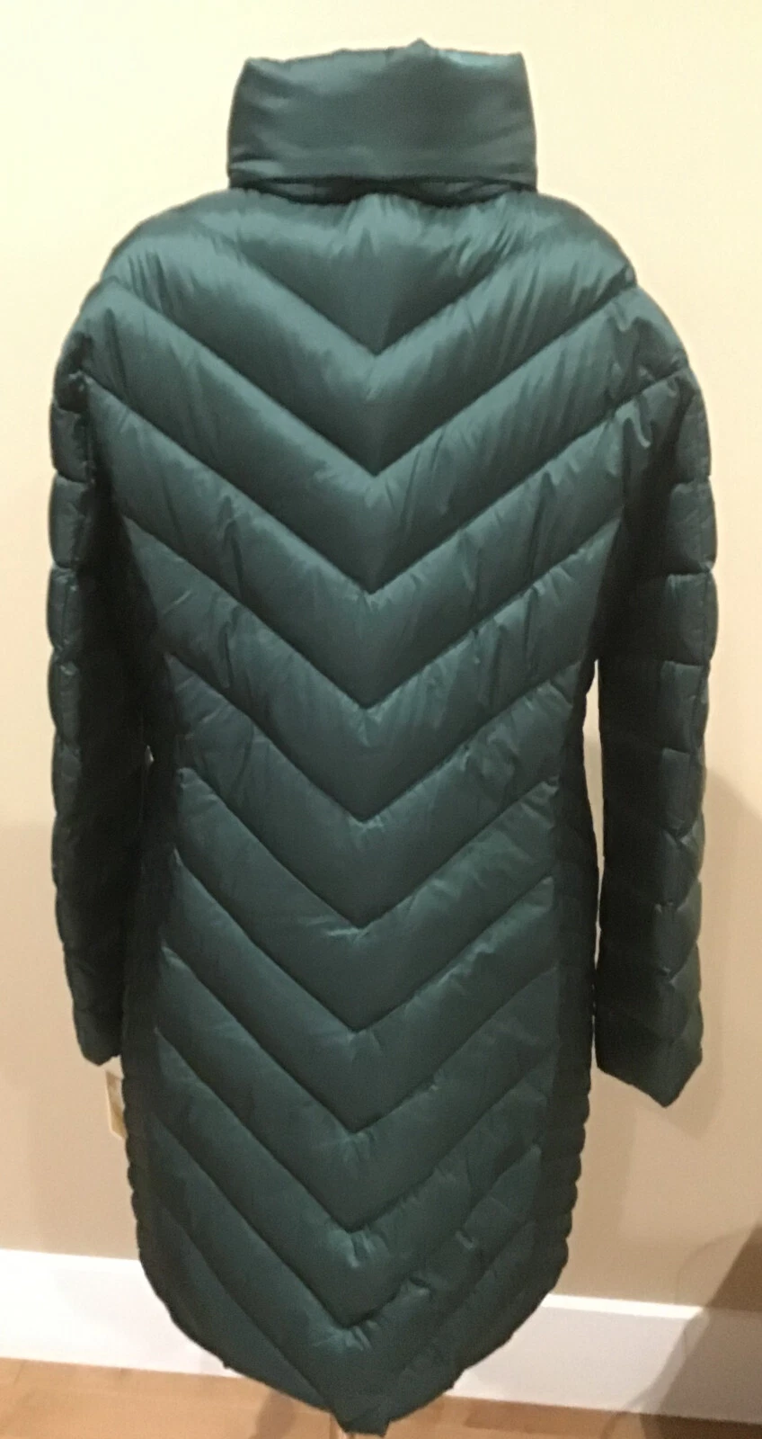 Giacca lunga imbottita Michael Kors nuova con etichetta imbottitura piumino 'L' cappuccio nascosto VERDE