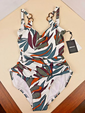 NWT DKNY Womens 1 Piece Swimsuit MPF 50 Tropical Print Multicolor Beautiful Sz 4