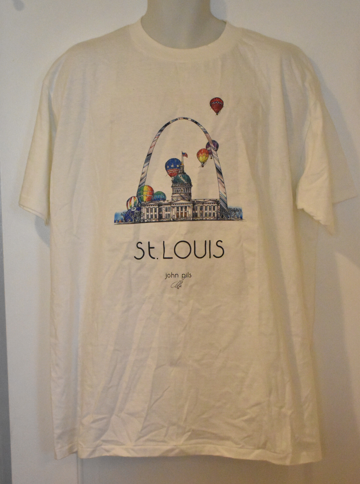 VTG NWT John Pils Reflections of St Louis Size XL  White T Shirt Single Stitched