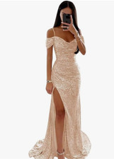 RUMUGUYA Sparkly Sequin Mermaid V Neck Prom Dress with Slit 2024 Off Shoulder S