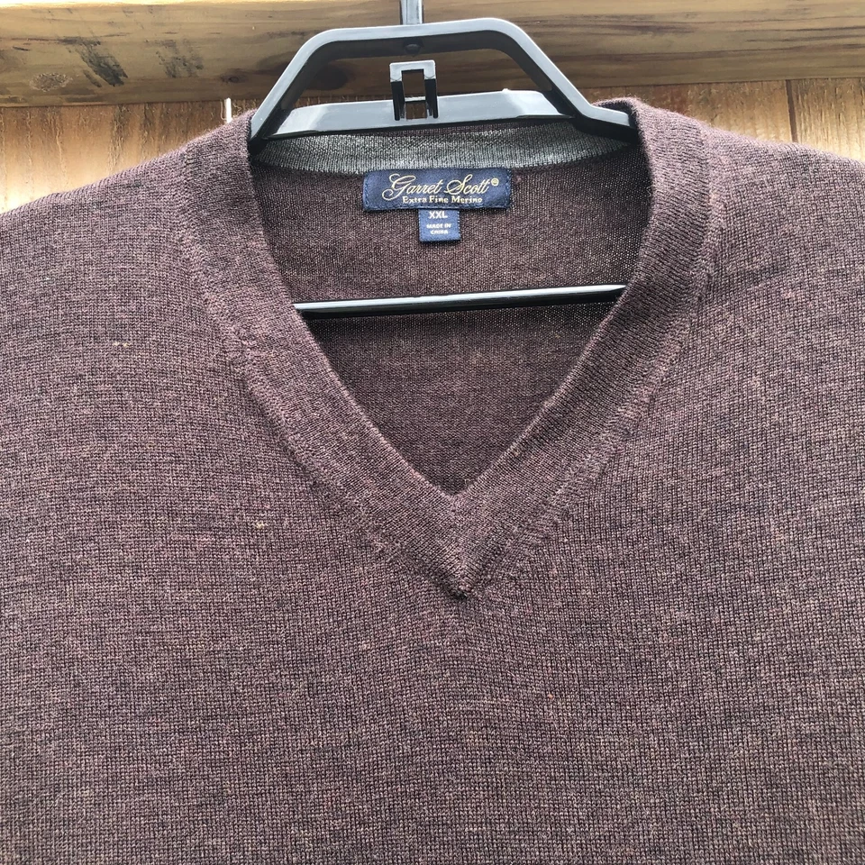 Suéter Garret Scott Extra Fino Lana Merino Cuello en V Pullover Marrón Para Hombre Talla XXL Foto 3 de 4