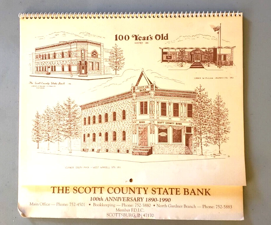 Scottsburg Indiana calendar 1991 -100 Years Old -Scott Co. State Bank-Bea  Craig | eBay