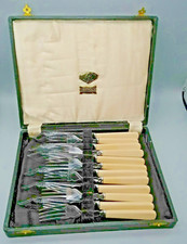 Vintage 12 Piece Cased Set Chromuim Plated Fish Knives & Forks Cream Handles