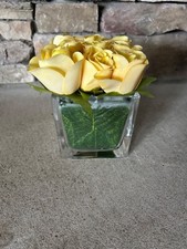 Faux 9 Yellow Rose Low Profile Arrangement Square Glass Vase Great Staging Piece