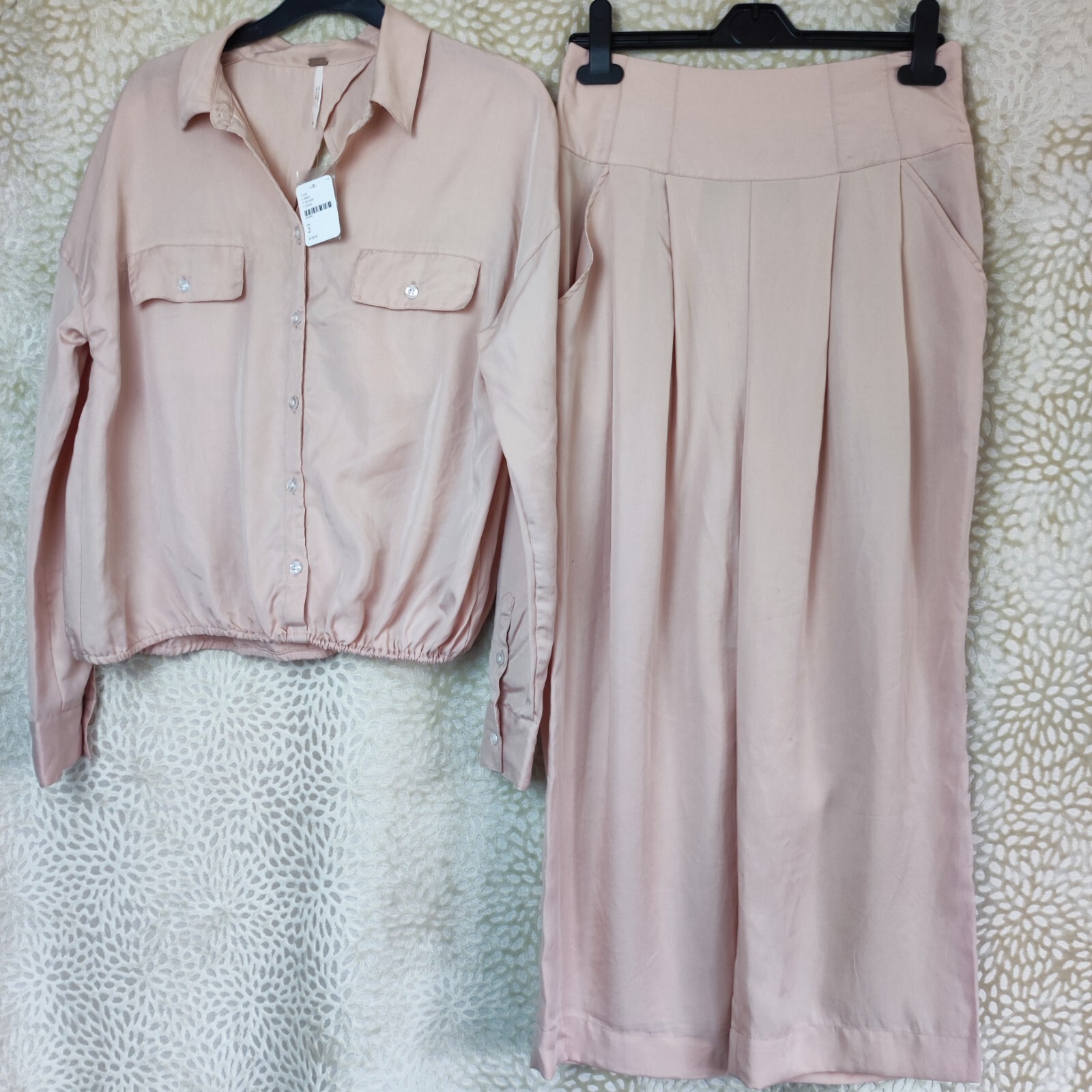 NWT Free People UK 6 Light Pink Two Piece Set Co Ord Blouse Wide Leg Trousers