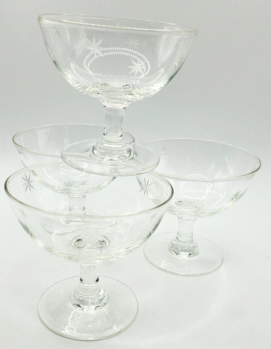 Crystal Champagne Sherbet Glass Atomic Starburst MCM Space Age Glass Set of 4