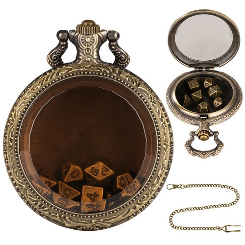Transparent Pocket Watch Case with 7pcs/set Metal Polyhedral Dice Role Play Game - Picture 7 of 10