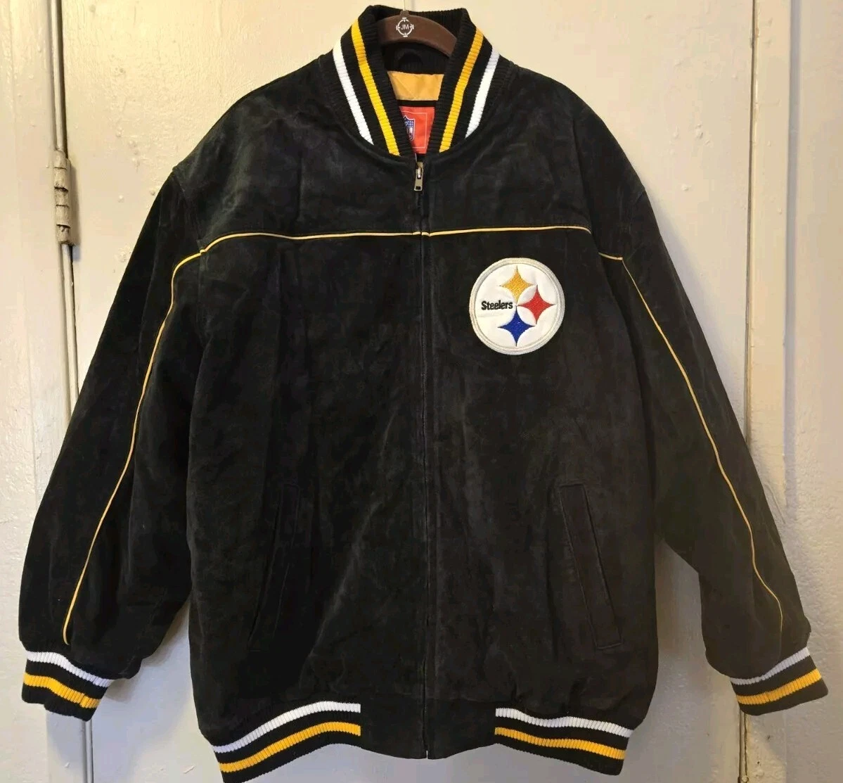 VETEMENTS Cappotto uomo NFL G111 Apparel Pittsburgh Steelers 100% pelle scamosciata taglia L us intime ottimeioni