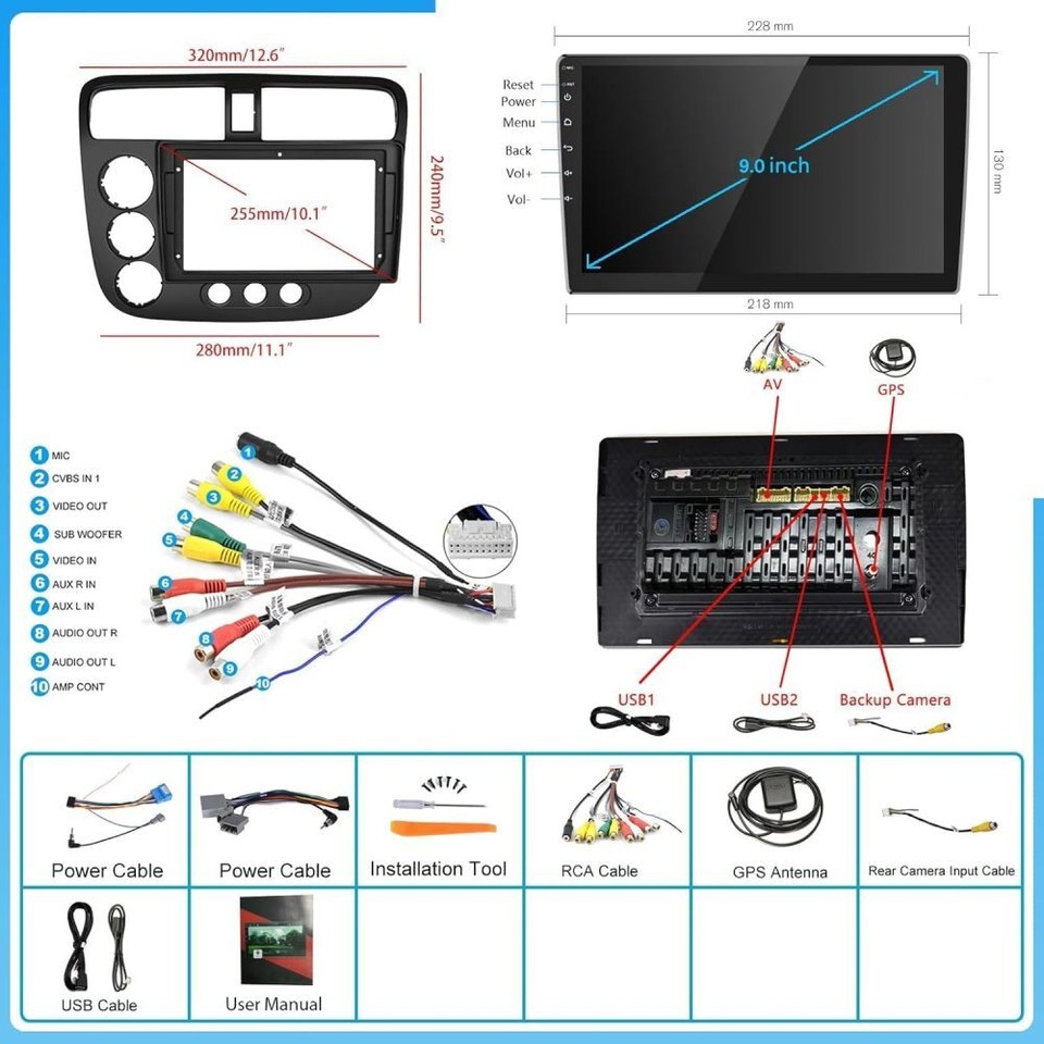 Autoradio Android 11 Double DIN 9 Pouces Pour Honda Civic 2000-2005 - Écran Tactile, CarPlay, GPS, Bluetooth, Caméra