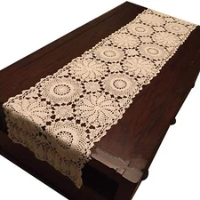 Rustic Floral Table Runner Hand Crochet Table Doily Beige Cotton Lace Table D...