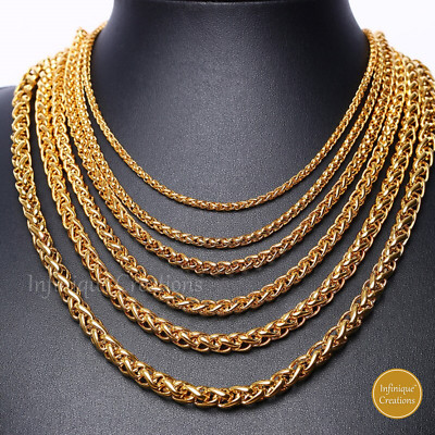 Stainless Steel Wheat Braided Chain 18K Gold Plated 7-38'' Men Bracelet Necklace