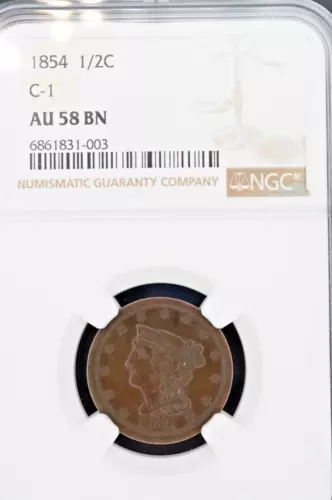 1854 Classic Head Copper Half Cent C-1 Variety 1/2C - NGC AU 58 BN